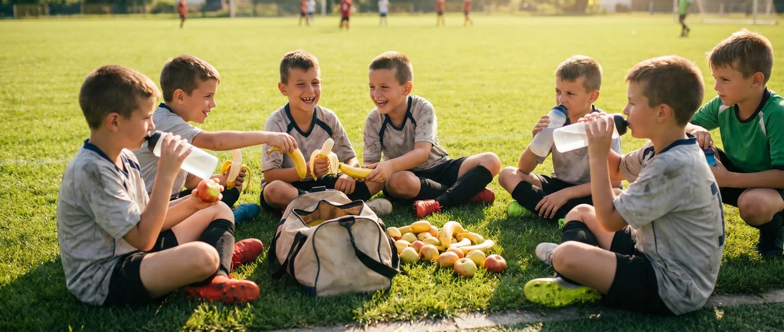 Junge Fußballer trinken und essen Obst in der Pause
