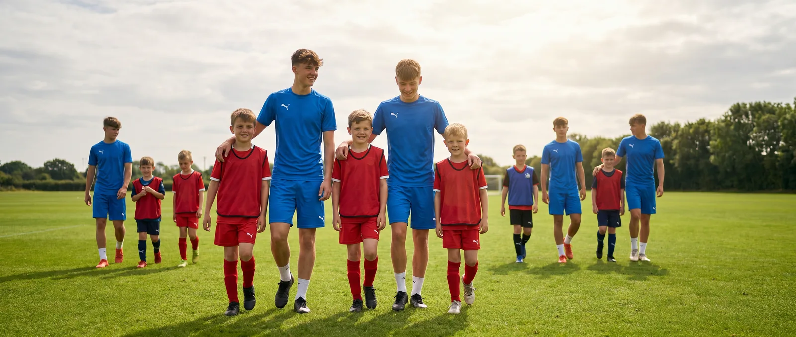 Junge Fußballer verschiedener Altersgruppen zusammen