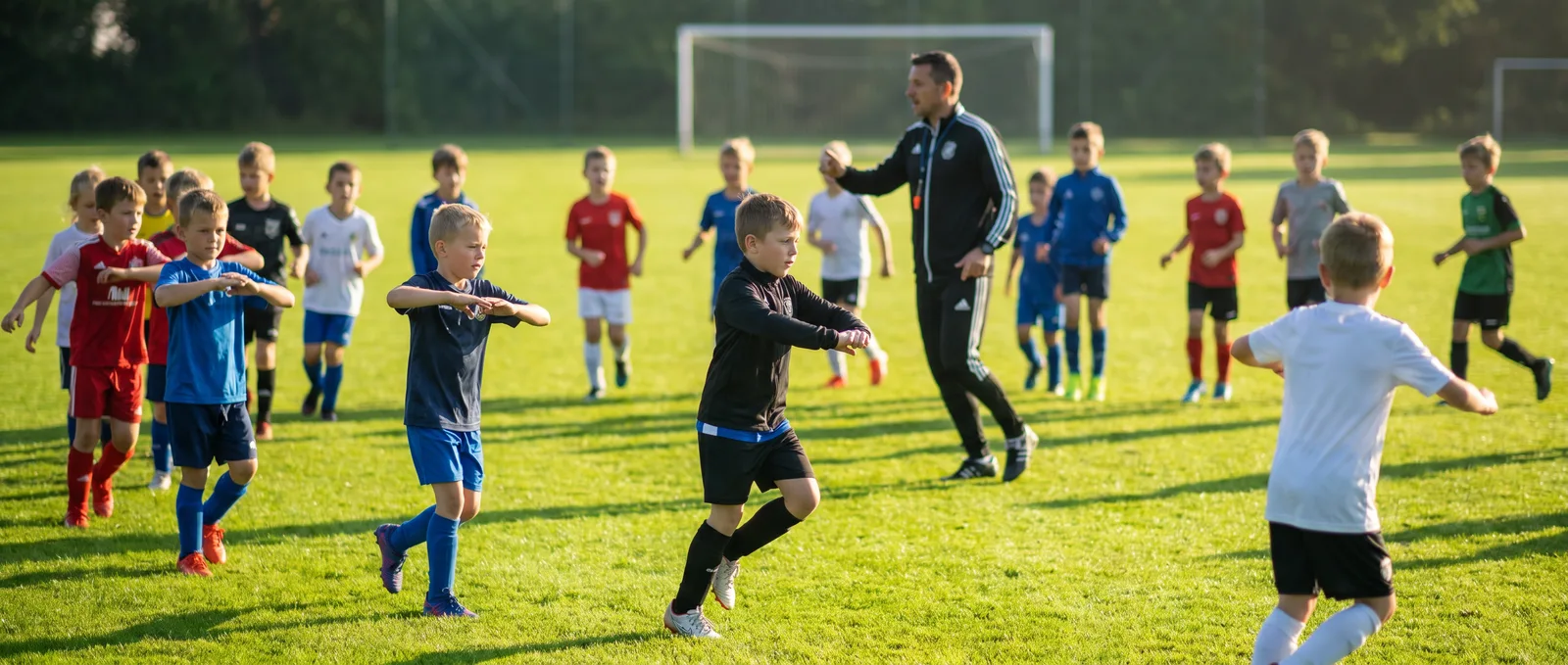 Kinder beim Aufwärmen auf dem Fußballplatz